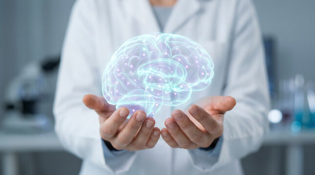 Human brain glowing in a scientist's cupped hands, representing neuroscience, medical research, and cognitive science advancements