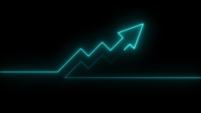Abstract cyan neon arrow business graph chart icon animation background. Market Recovery Concept. Successful growth trend Green line graph going Up 4k video..