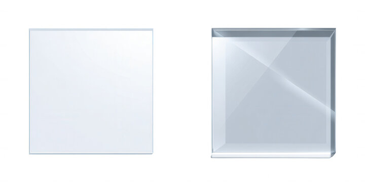 Illustration de deux plaques de verre carr&eacute;es et transparentes sur fond blanc, montrant des effets de brillance et de profondeur r&eacute;alistes.