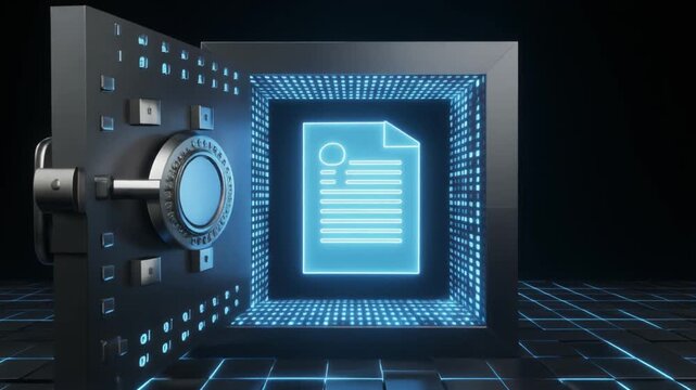 Cyber Security Concept Open Digital Safe with Glowing Document