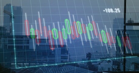 Overlaying digital candlestick chart, teal line across room window showing -108 © vectorfusionart