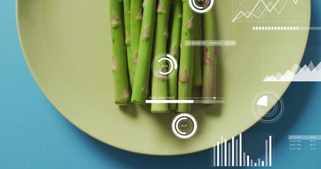 Obraz premium Displaying bundle of green asparagus aligned on yellow plate on cyan-blue studio tabletop, with HUD