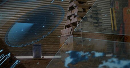 Fototapeta premium Displaying stacked wood blocks on concrete pedestal in dim workshop, showing holo UI and metal door