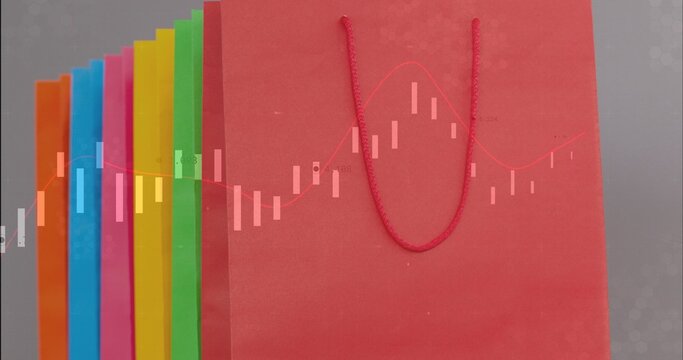 Showing red bag with braided-handle on gray backdrop, stock-chart-overlay, bright fanned bags left