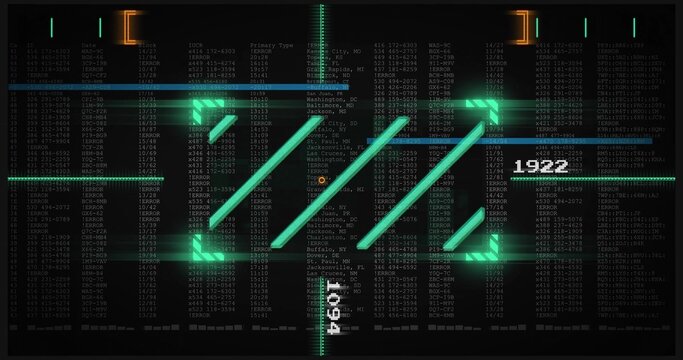 Displaying cluster of four cyan diagonal arrow bars forming ascending pattern on HUD, with readouts