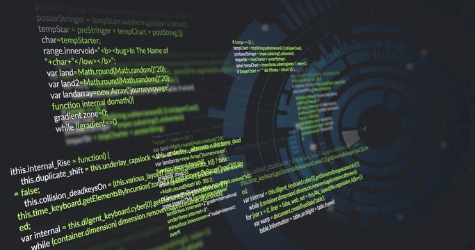 Displaying layered programming code and circular HUD graphic in digital workspace, with neon syntax