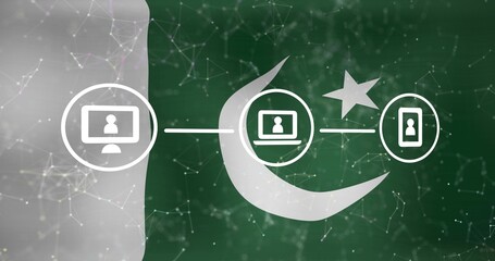 Naklejka premium Displaying stylized green flag linking device icons at center, with crescent star and left stripe