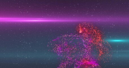 Fototapeta premium Drifting dense purple particle cloud right of space scene, showing cyan streak, magenta band, stars