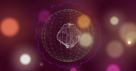 Naklejka premium Glowing central wireframe sphere pulsing with mesh core and purple waveform in digital space, bokeh