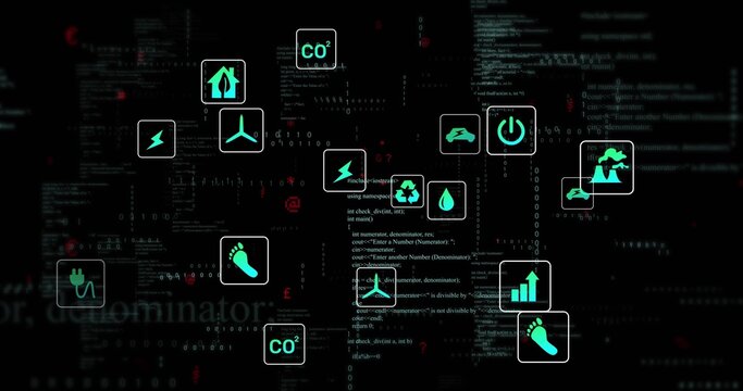 Displaying teal cluster showing CO2, wind, plug on cyber dashboard, with code and red alerts