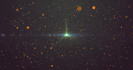 Fototapeta premium Glowing central green star making spikes, lens flare in deep space, with amber bokeh, faint band