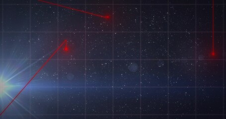 Displaying stylized starfield with grid overlay and red laser target nodes in deep space © vectorfusionart