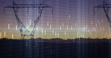 Fototapeta premium Silhouetting steel lattice transmission tower centering at dusk over mountain ridge, showing data