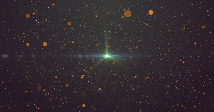 Glowing central green star making spikes, lens flare in deep space, with amber bokeh, faint band