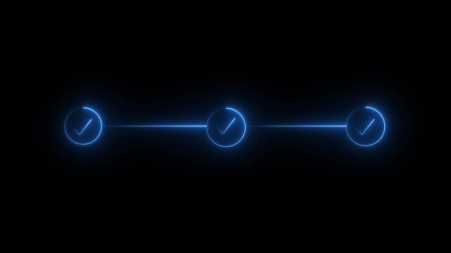neon 3 step infographic process with check mark icon. infographic step by step process icon animation on black background, step process success with check marks. Step-by-Step Guide 4k video...