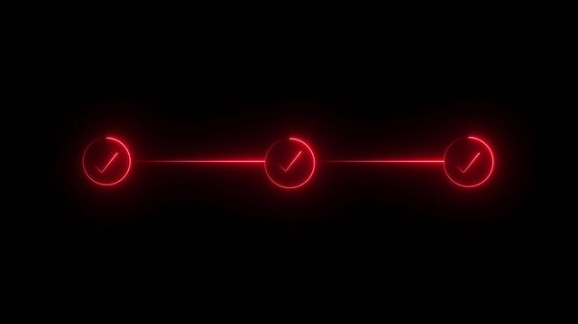 neon 3 step infographic process with check mark icon. infographic step by step process icon animation on black background, step process success with check marks. Step-by-Step Guide 4k video...