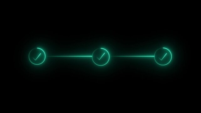 neon 3 step infographic process with check mark icon. infographic step by step process icon animation on black background, step process success with check marks. Step-by-Step Guide 4k video...