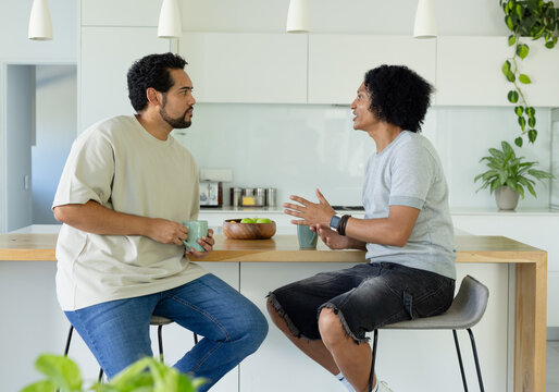 African American men sitting at kitchen island, facing each other, holding mugs, bowl with apples