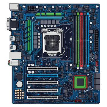 Detailed Computer Motherboard Circuit Board Flat Vector Illustration