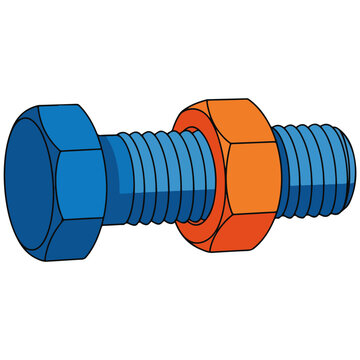 blue and orange hex bolt and nut flat vector illustration