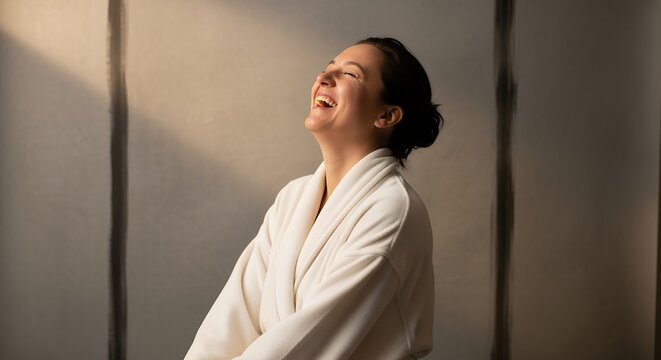 Serene woman in white robe enjoying peaceful morning moment