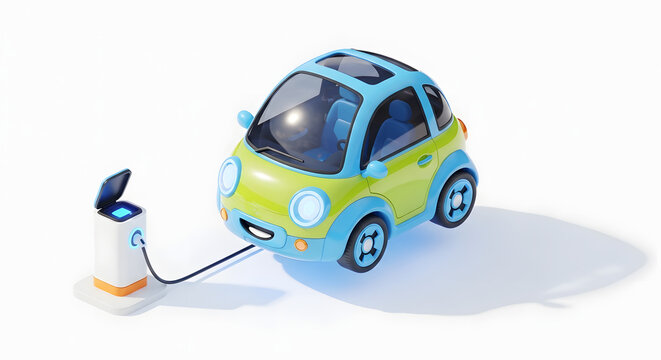 3D Stylized Electric Vehicle Charging at Power Station for Sustainable Urban Mobility and Green Energy Concept, Isolated on White Background