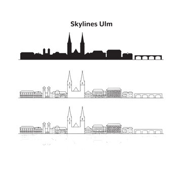 Black and white skyline illustration of ulm germany with repeating patterns