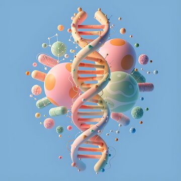 A colorful illustration of a dna strand and various cells