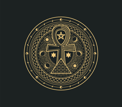 Mystical, magic and astrology occult symbol with Egyptian ankh and pyramid. Golden celestial stars, crescent moon, and radiant sun in occult vector symbol for spiritual jewelry design, and talisman