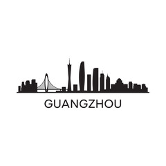 Naklejka premium Guangzhou skyline silhouette with prominent towers and the Pearl River Bridge