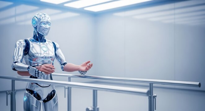 A sleek humanoid robot stands between steel parallel bars in a medical facility, providing mobility support under bright clinical lights, facility, steel, automation