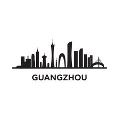 Naklejka premium Guangzhou skyline silhouette with prominent buildings and bridge details