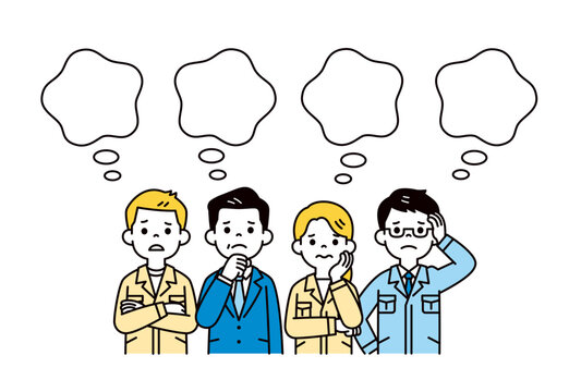 心配事が思い浮かぶ、モヤモヤする、作業服の複数の社員と社長の上半身ベクターイラスト素材セット