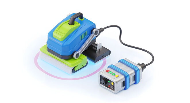 Smart Robotic Pool Cleaner with Power Supply Unit for Swimming Pool Maintenance, Automatic Vacuum Robot Isolated on White Background