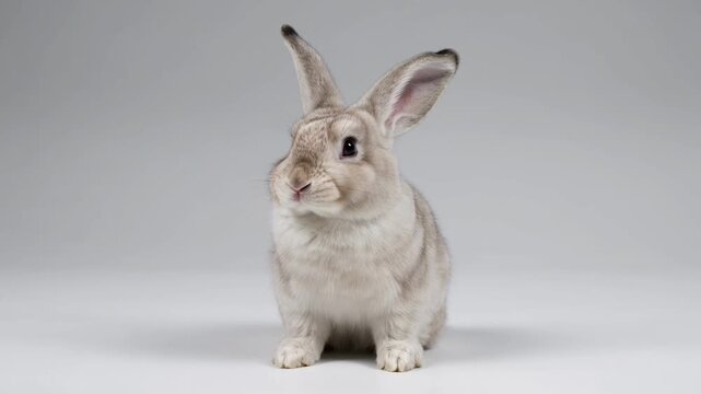 Cute rabbit with big ears sitting on a light gray background