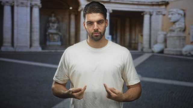 Man with beard points finger to shirt front at classical building entrance with columns and statues; confidence self assertion.