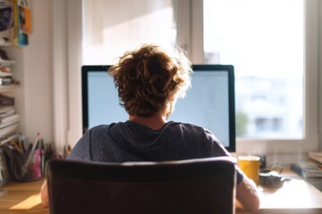 Man working on a pc computer at home