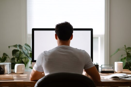 Man working on a pc computer at home