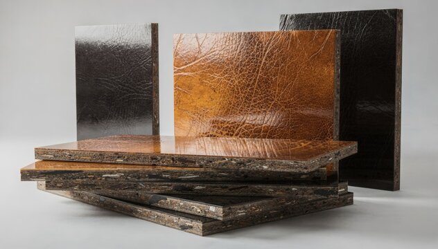 Medium shot featuring laminated recycled leather composite panels with glossy surfaces illustrating innovative reuse of offcuts in modern design.