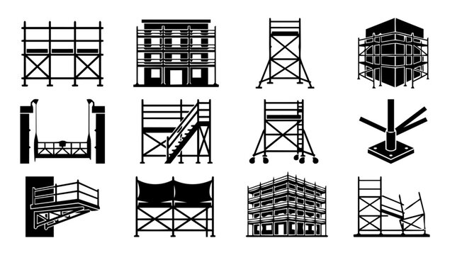 Scaffolding Icon Set &ndash; Construction Scaffold Structures, Building Framework and Industrial Safety Vector Collection