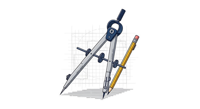 Professional drafting compass with yellow pencil on technical grid background, architectural drawing tool illustration.