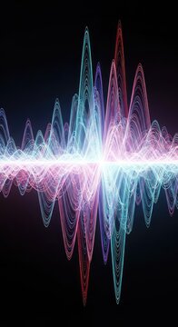 Dynamic visualization of subatomic energy patterns showing the probabilistic flow and interaction of complex wave functions, interaction, glowing, science