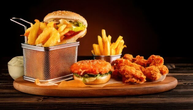 Delicious fast food feast - Burgers, fries, and chicken wings.