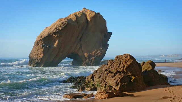 Penedo do Guincho is a large rock arch located at Praia da Santa Cruz in Portugal. The sight includes ocean waves crashing against sandy beach during sunset.
