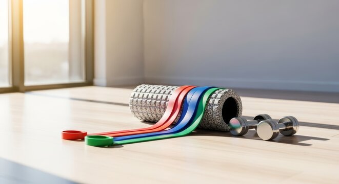 A bright sunlit room features essential equipment for recovery including colored resistance bands, small weights, and a textured foam roller, well-being, strength, physiotherapy