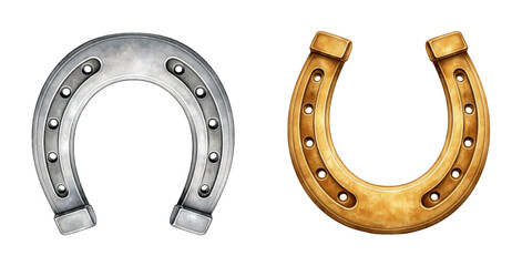 A charming watercolor collection of lucky horseshoes featuring silver and golden metal symbols with rustic western charm illustrated in a classic decorative style. © liana