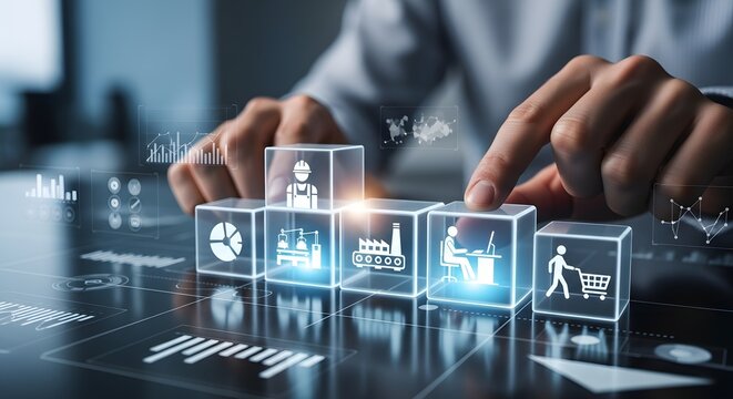 Digital business management Professional optimizes supply chain operations via advanced tech, interacting with glowing cubes for data visualization and efficiency