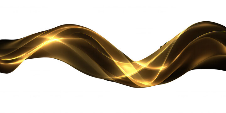 Ondulation &eacute;l&eacute;gante de fum&eacute;e dor&eacute;e et de lignes lumineuses fluides isol&eacute;es sur fond blanc, id&eacute;ale pour des concepts de luxe et de technologie.