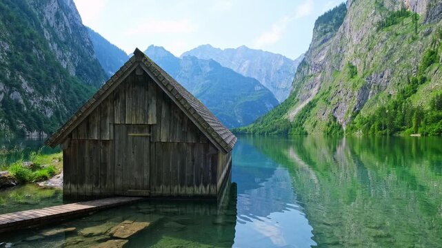 The boat hangar rests by Obersee Mountain Lake in the Bavarian Alps, Germany. Surrounded by mountains and clear water, it offers a view of nature and landscape.
