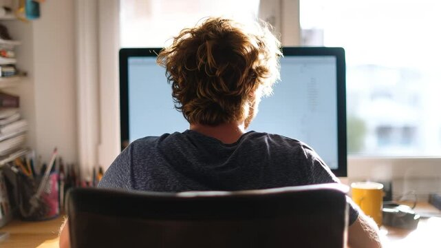 Man working on a pc computer at home